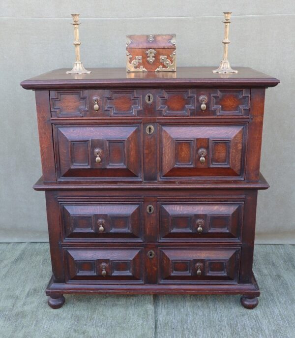 Fine Charles II C1680 Oak Geometric chest of drawers.