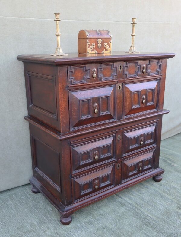 Fine Charles II C1680 Oak Geometric chest of drawers.