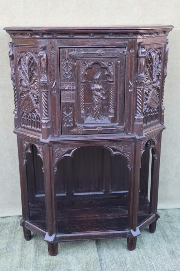 Late 19thC French gothic revival oak cabinet.