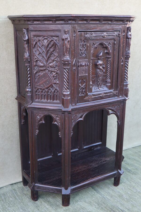 Late 19thC French gothic revival oak cabinet.