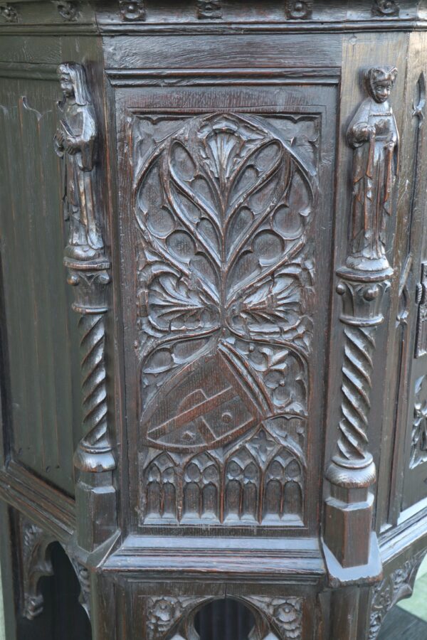 Late 19thC French gothic revival oak cabinet.