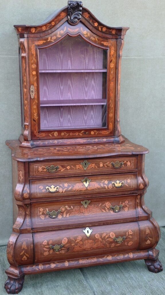 late 18thC C1770 Dutch marquetry cabinet on chest of small proportions.